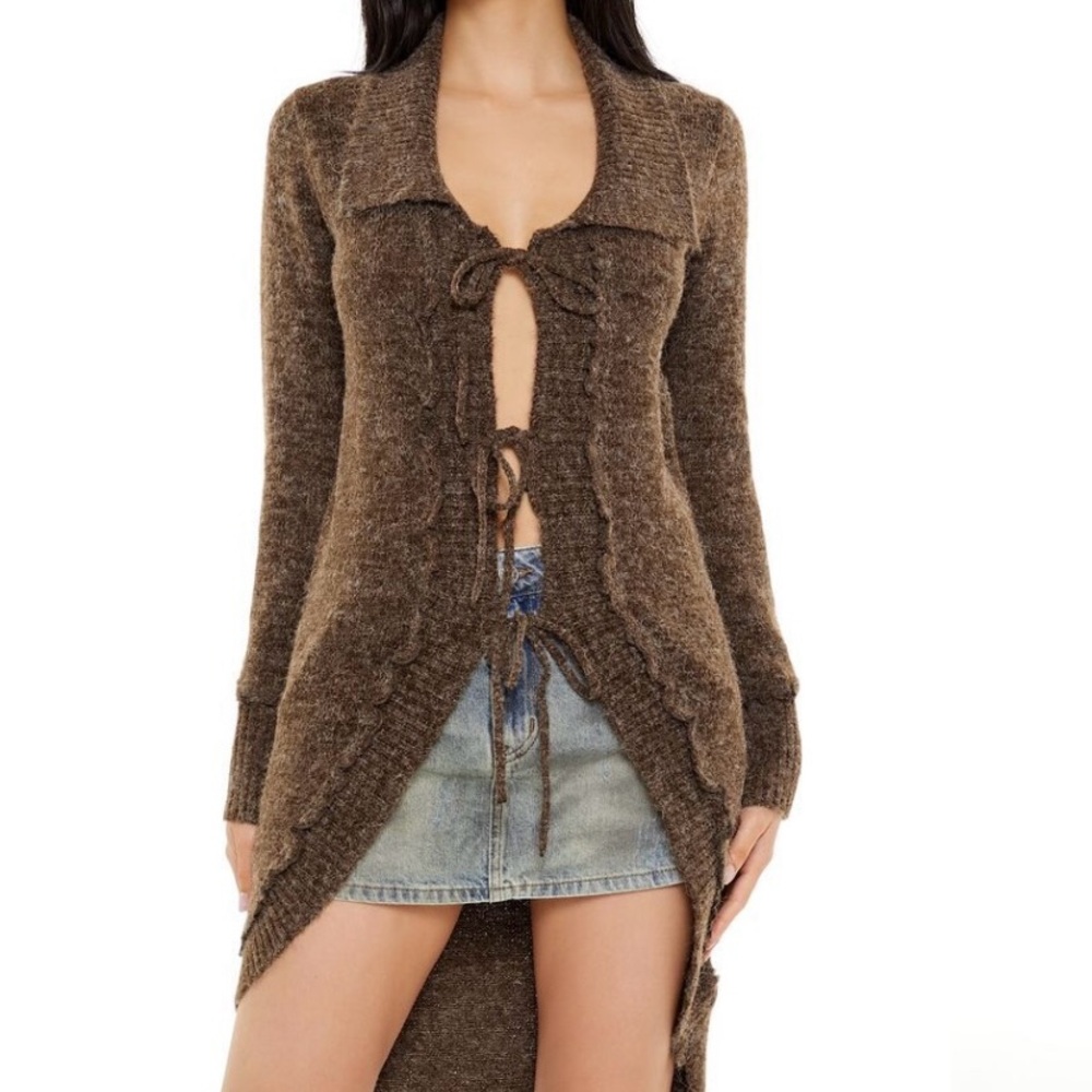 Brown Cardigan with Asymmetrical Hem and Long Sleeves